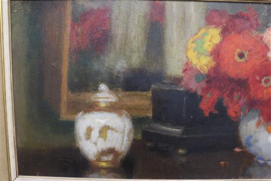 Polish School, oil on board, still life of flowers on a mantelpiece, indistinctly signed, 33 x 78cm